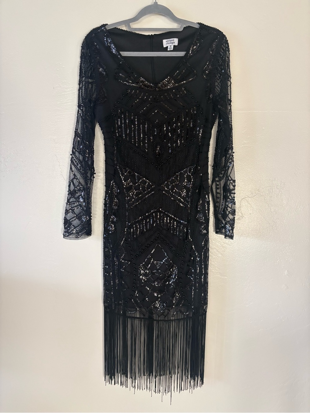 Unique Vintage Margaux 1920s Flapper Dress Black Embellished Size M 6-8 Gatsby